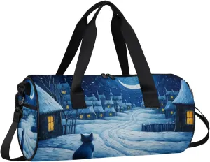 Lightweight Travel Duffle Bag Winter Village Cat Gym Bag for Women Men Stylish Small Duffle Bag for Fitness Yoga Travel Overnight Sport