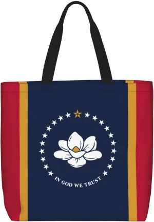 LimPac Mississippi State Flag Print Tote Bags Zipper Casual Handbag Big Capacity Shoulder Bag Lightweight For Women, Black