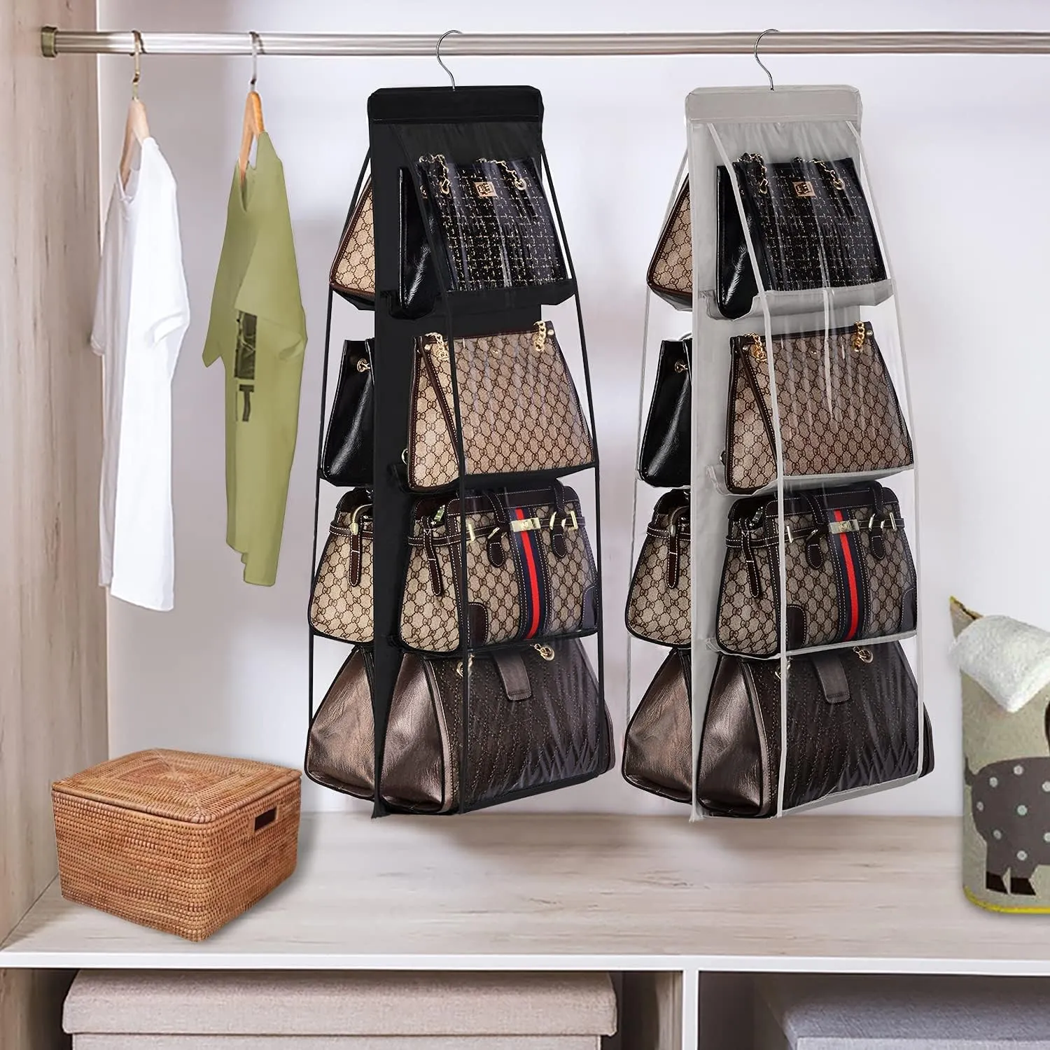 Lirex Handbag Hanging Purse Organizer for Closet, 8 Pocket Handbag Storage Organizer Hanger Oxford Cloth Closet Organizer for Family Closet Bedroom, Foldable and Universal Fit, Dark Grey