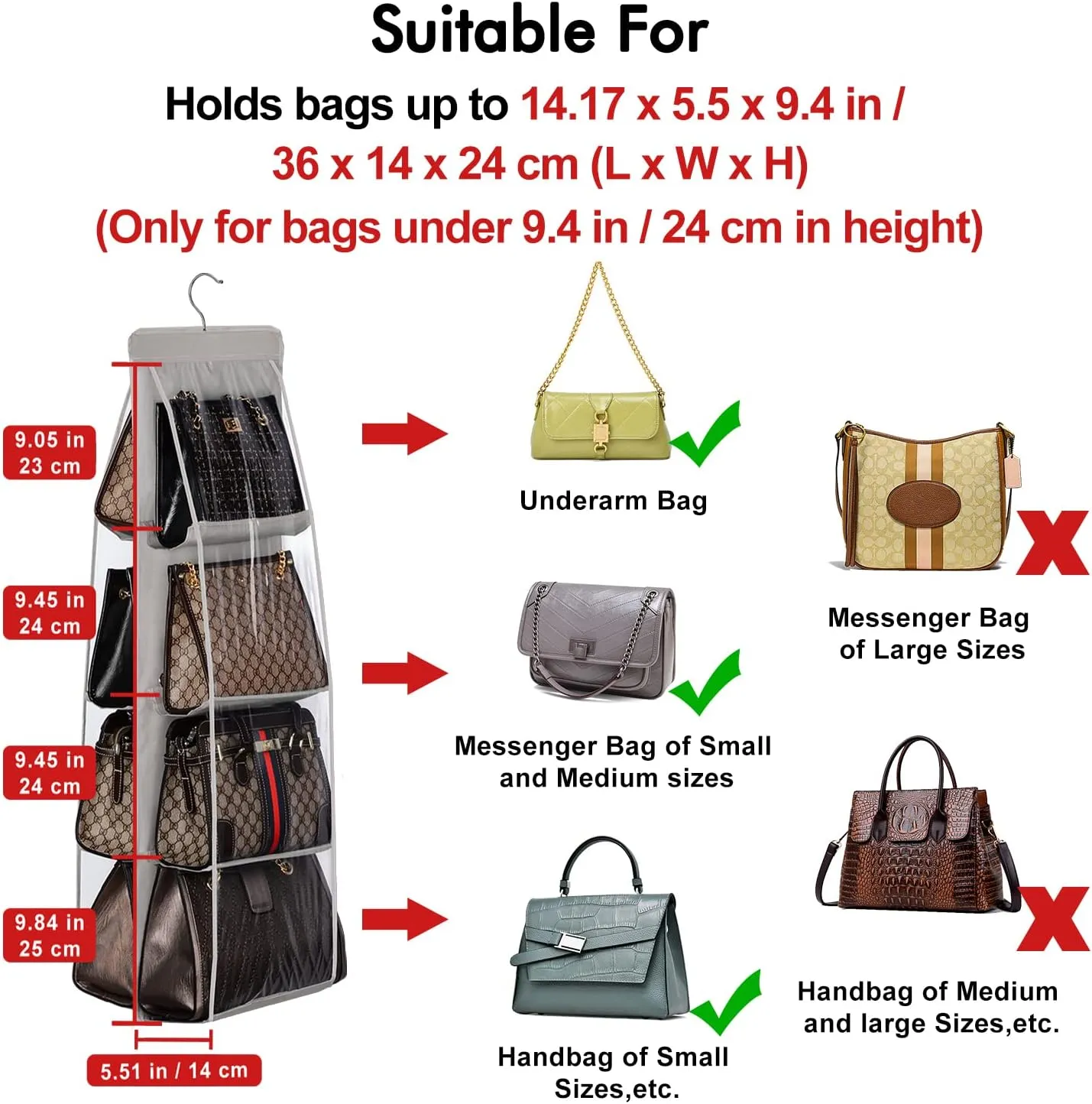 Lirex Handbag Hanging Purse Organizer for Closet, 8 Pocket Handbag Storage Organizer Hanger Oxford Cloth Closet Organizer for Family Closet Bedroom, Foldable and Universal Fit, Dark Grey