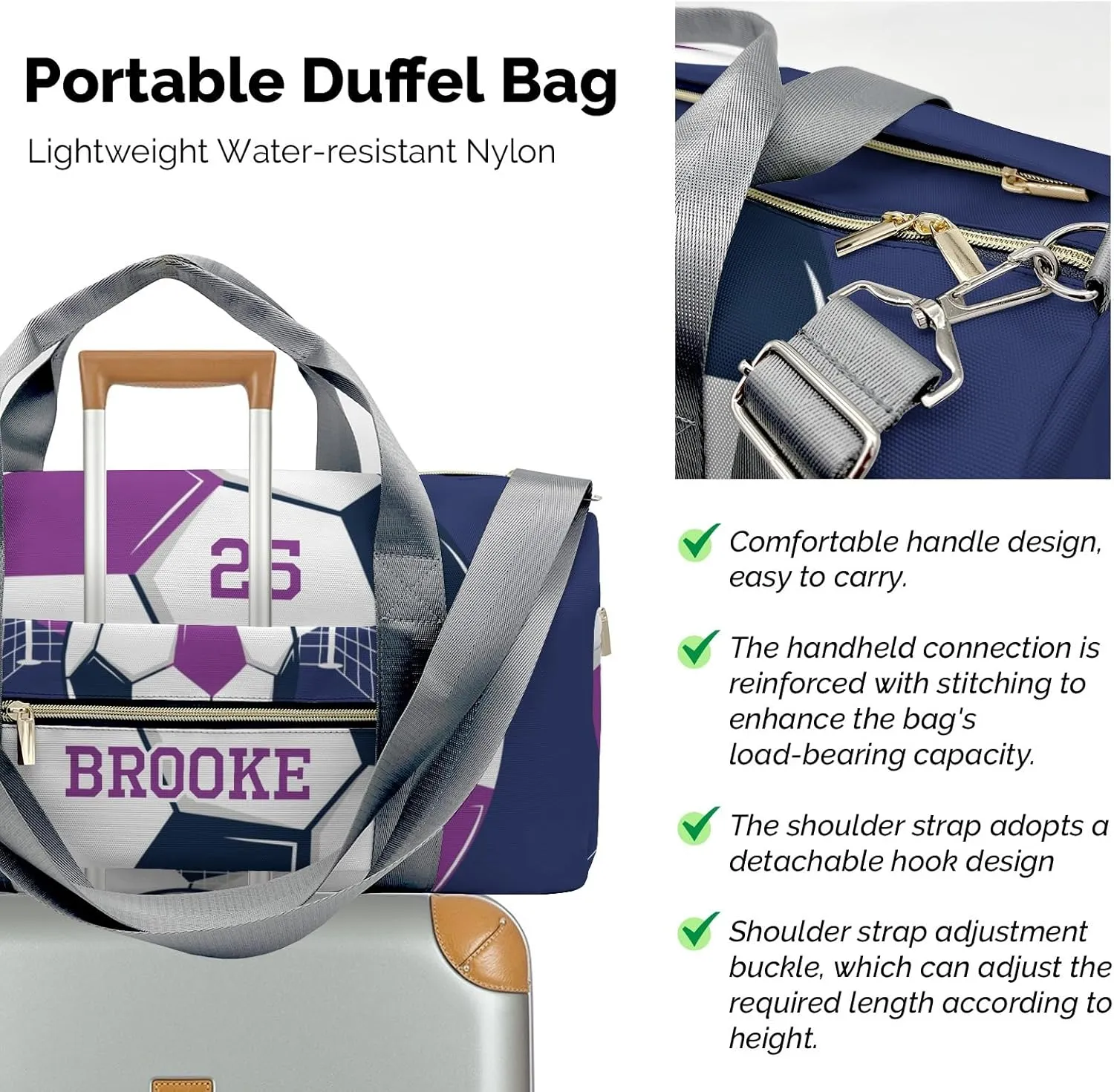 Live Love Soccer Purple Personalized Travel Duffel Bag Custom Foldable Waterproof Overnight Bag for Gym Sport Ball Bags Travel Assistant