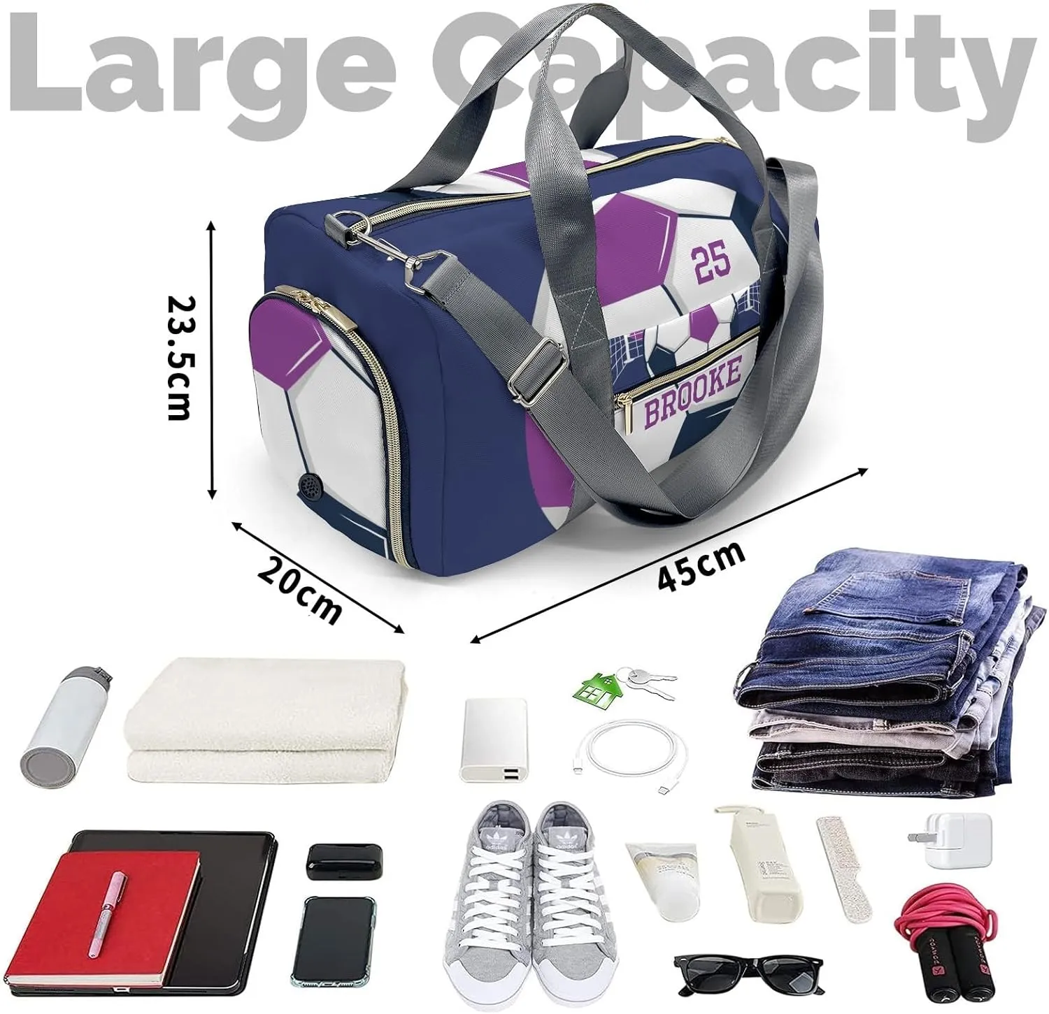 Live Love Soccer Purple Personalized Travel Duffel Bag Custom Foldable Waterproof Overnight Bag for Gym Sport Ball Bags Travel Assistant