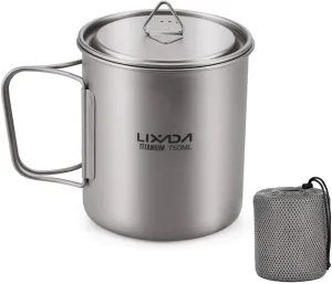 Lixada Titanium Pot, Lightweight Camping Pot Titanium Cup Titanium Backpacking Pot with Portable Foldable Handles for Outdoor Camping Hiking Backpacking