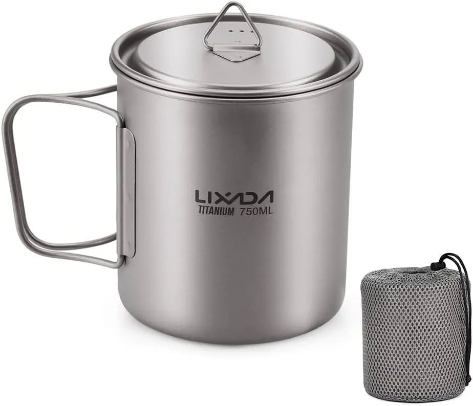 Lixada Titanium Pot, Lightweight Camping Pot Titanium Cup Titanium Backpacking Pot with Portable Foldable Handles for Outdoor Camping Hiking Backpacking