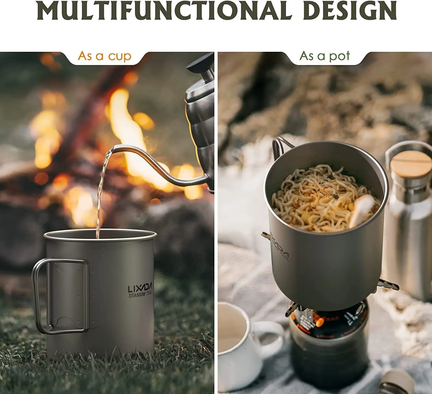 Lixada Titanium Pot, Lightweight Camping Pot Titanium Cup Titanium Backpacking Pot with Portable Foldable Handles for Outdoor Camping Hiking Backpacking