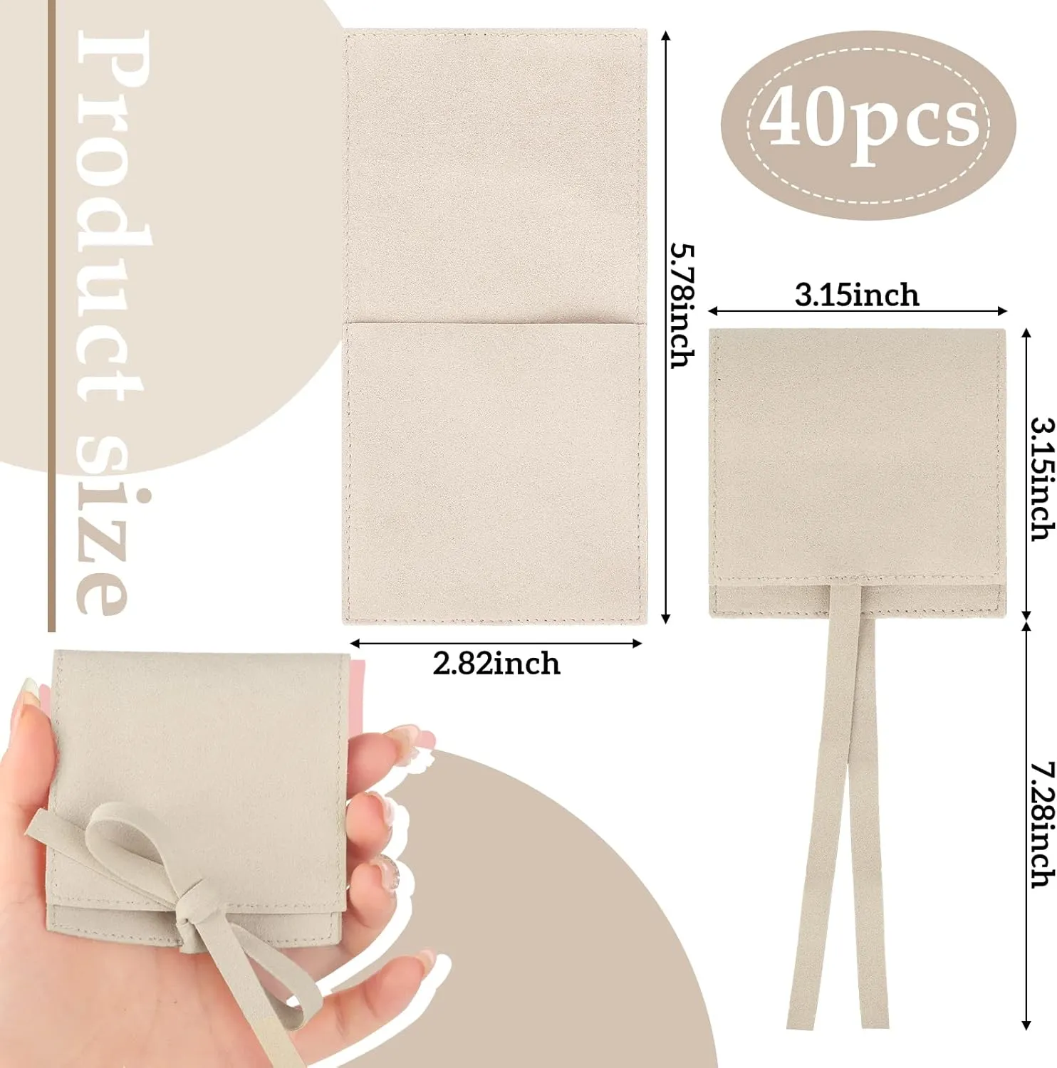 Lothee 40 Pcs Microfiber Jewelry Pouch 8x8 cm Jewelry Packaging Luxury Small Gift Bags Bow Tie Microfiber Bag for Bracelet Necklace Packaging,Envelope Style with String and Divider(Beige)