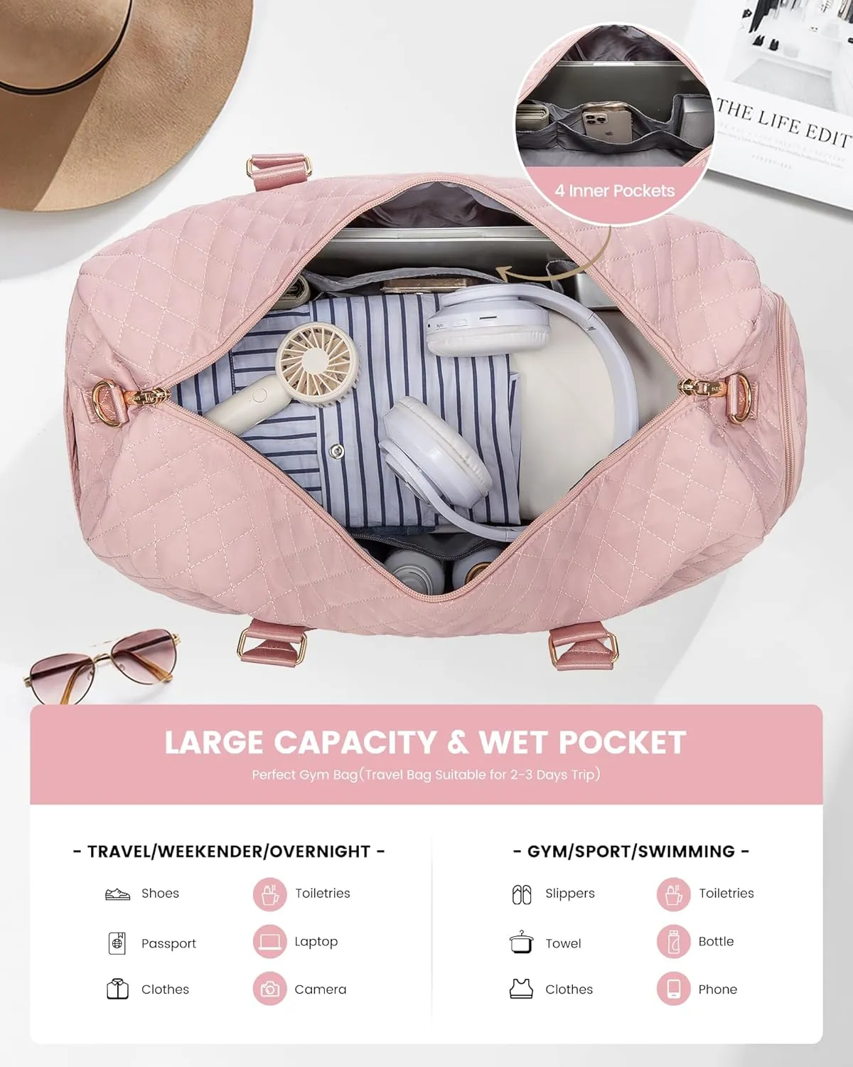LOVEVOOK Travel Duffle Bag, Weekender Bag for Women with Toiletry Bag, Carry on Overnight Bag with Shoe Compartment, Gym Duffel Bag with Wet Pocket, Mommy Hospital Bags for Labor and Delivery