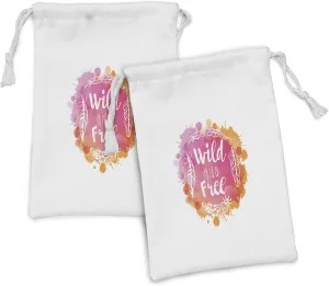 Lunarable Gypsy Fabric Pouch Set of 2, Wild and Free Inspirational Phrase with Feathers on Watercolor Style Backdrop, Small Drawstring Bag for Toiletries Masks and Favors, 9" x 6", Pink Orange White