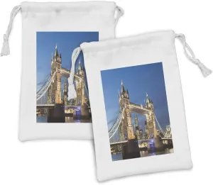 Lunarable London Fabric Pouch Set of 2, Scenery of Landmark Tower Bridge at Twilight with Skyscrapers England UK Image, Small Drawstring Bag for Toiletries Masks and Favors, 9" x 6", Blue and Ivory