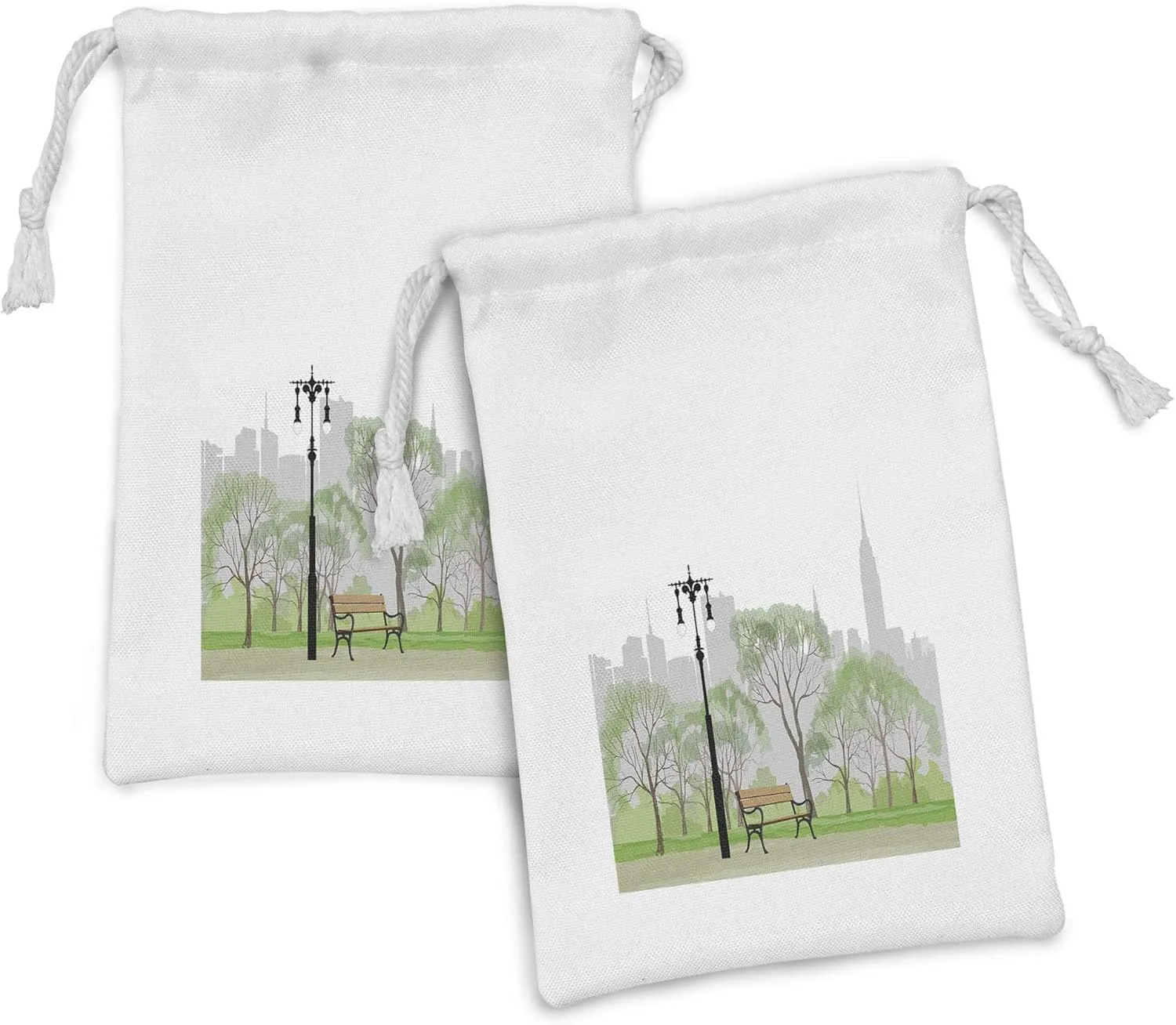 Lunarable New York Fabric Pouch Set of 2, Central Park Scene with Bench and Trees Skyscraper Silhouettes American Landscape, Small Drawstring Bag for Toiletries Masks and Favors, 9" x 6", Multicolor