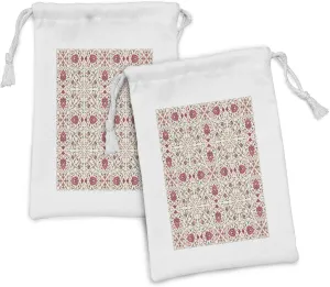 Lunarable Traditional Fabric Pouch Set of 2, Lotus Motif with Petals Swirled Stalks and Leaves, Small Drawstring Bag for Toiletries Masks and Favors, 9" x 6", Champagne Dried Rose