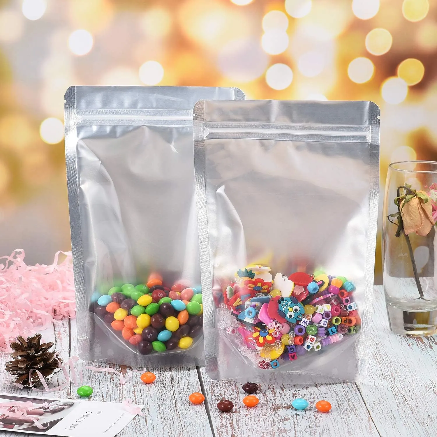 LZLPACKING 100 Pieces resealable Mylar Bags with Clear Front Window,Smell Proof Edible Packaging,Sample ziplock Stand up Pouches Bags for Food Storage(5×8 Inch/12.7 x 20.3cm)