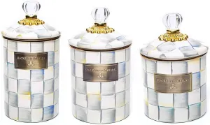MACKENZIE-CHILDS Enamel Canister Set, Small (38 oz.), Medium (48 oz.), and Large (64 oz.) Kitchen Containers, Gray-and-White Sterling Check