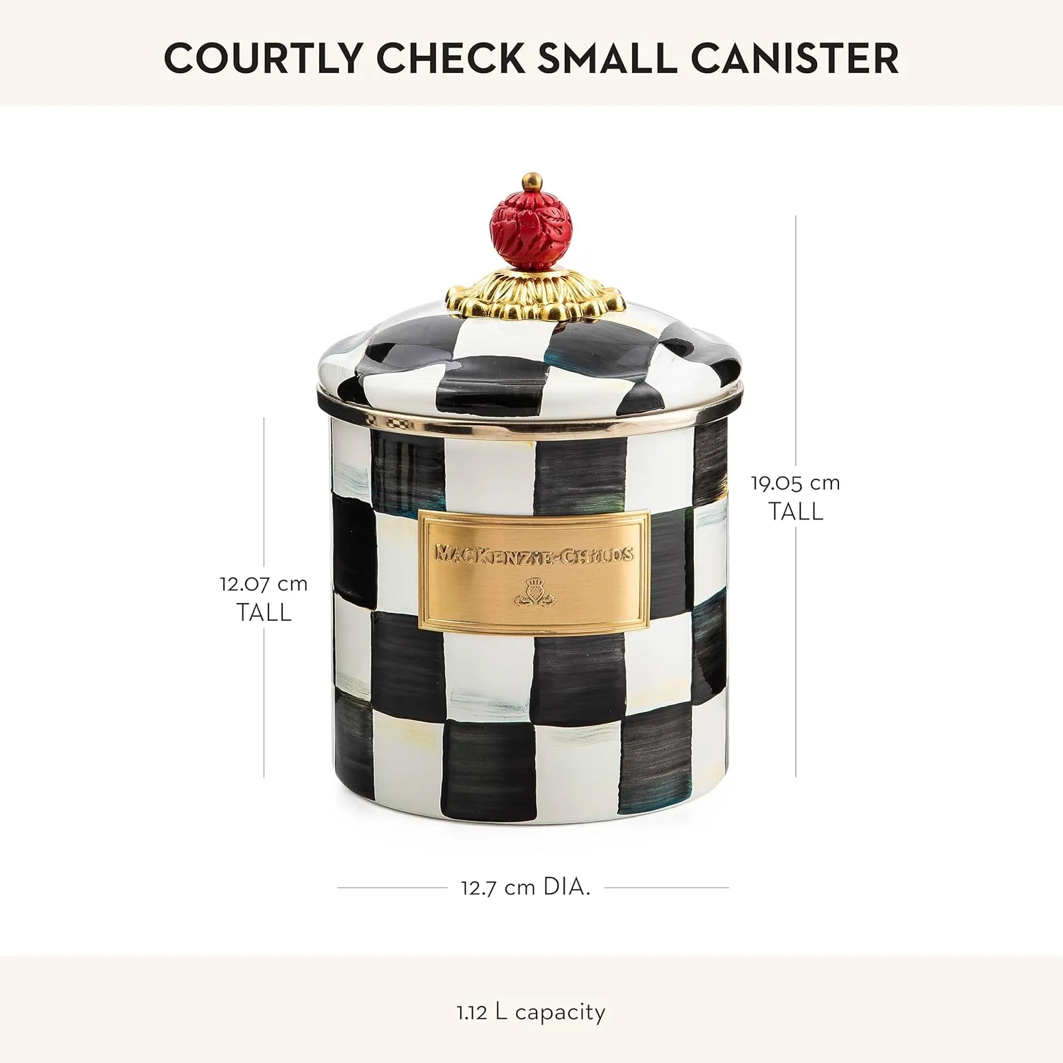 MACKENZIE-CHILDS Small Enamel Canister, Kitchen Storage Container for Flour and Sugar, 1.13 Liters, Black-and-White Courtly Check