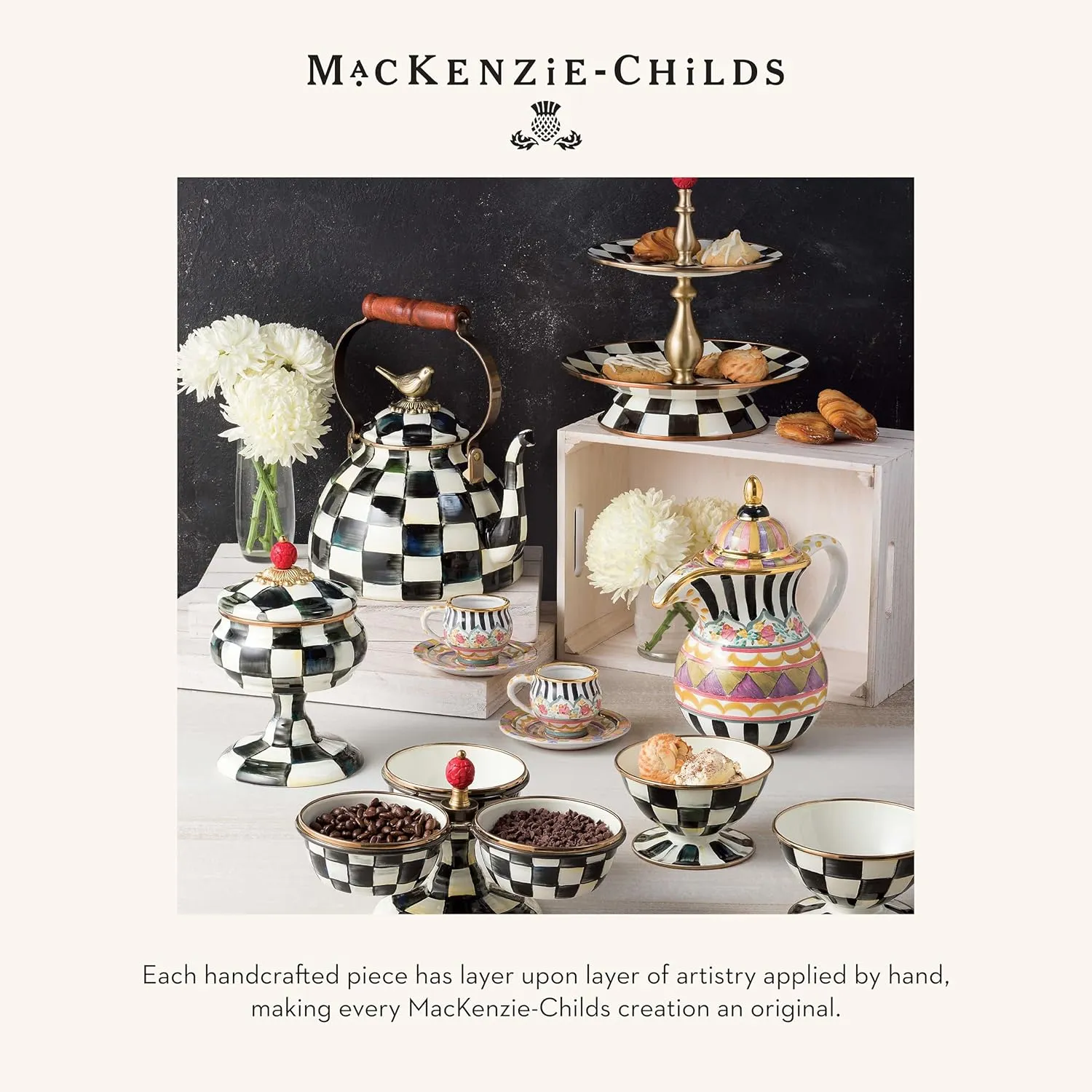 MACKENZIE-CHILDS Small Enamel Canister, Kitchen Storage Container for Flour and Sugar, 1.13 Liters, Black-and-White Courtly Check