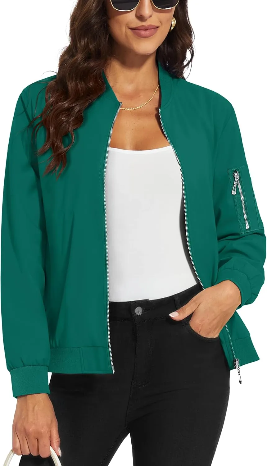 MAGCOMSEN Women's Jacket Lightweight Bomber Jackets 5 Pockets Windbreaker Zip-up Casual Moto Outwear