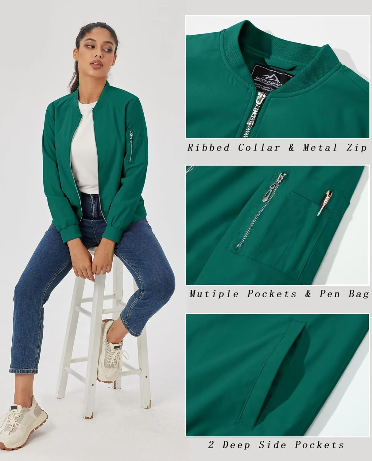 MAGCOMSEN Women's Jacket Lightweight Bomber Jackets 5 Pockets Windbreaker Zip-up Casual Moto Outwear