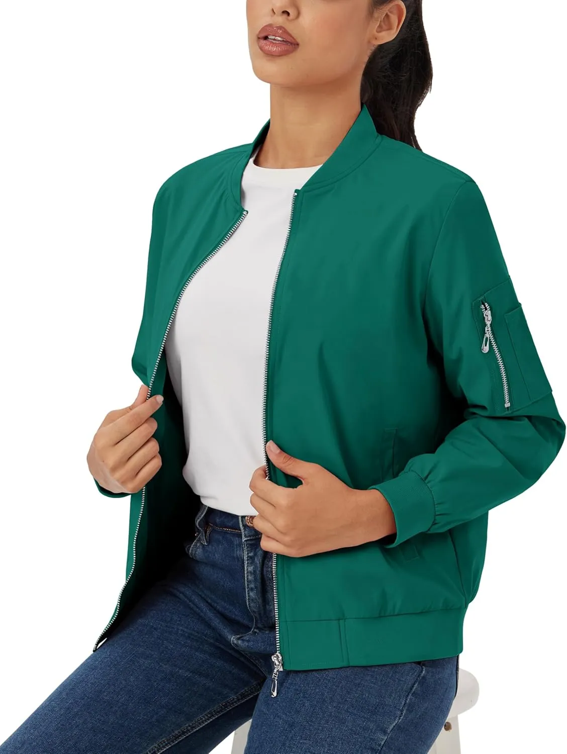 MAGCOMSEN Women's Jacket Lightweight Bomber Jackets 5 Pockets Windbreaker Zip-up Casual Moto Outwear