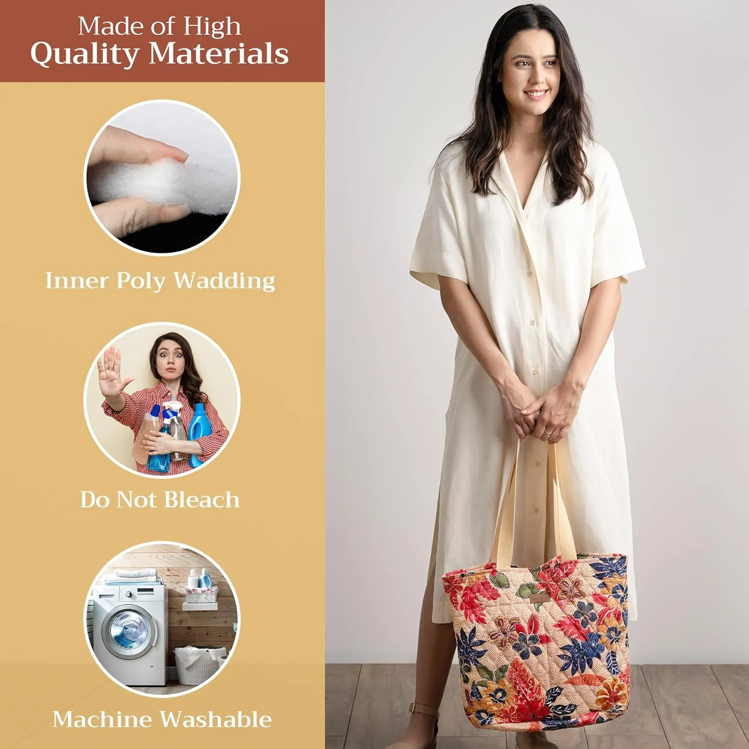 Maison d' Hermine Shopping Bags Cotton Quilted Tote Bag with Zipper Pockets Small Pouch Reusable Grocery Bag Work Travel