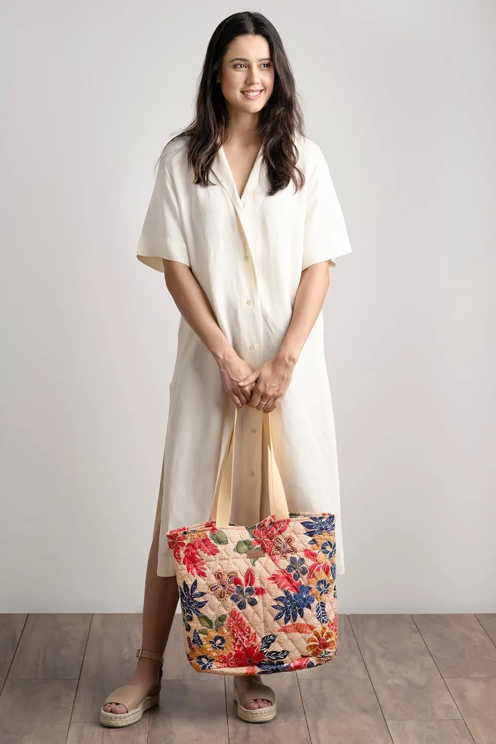 Maison d' Hermine Shopping Bags Cotton Quilted Tote Bag with Zipper Pockets Small Pouch Reusable Grocery Bag Work Travel