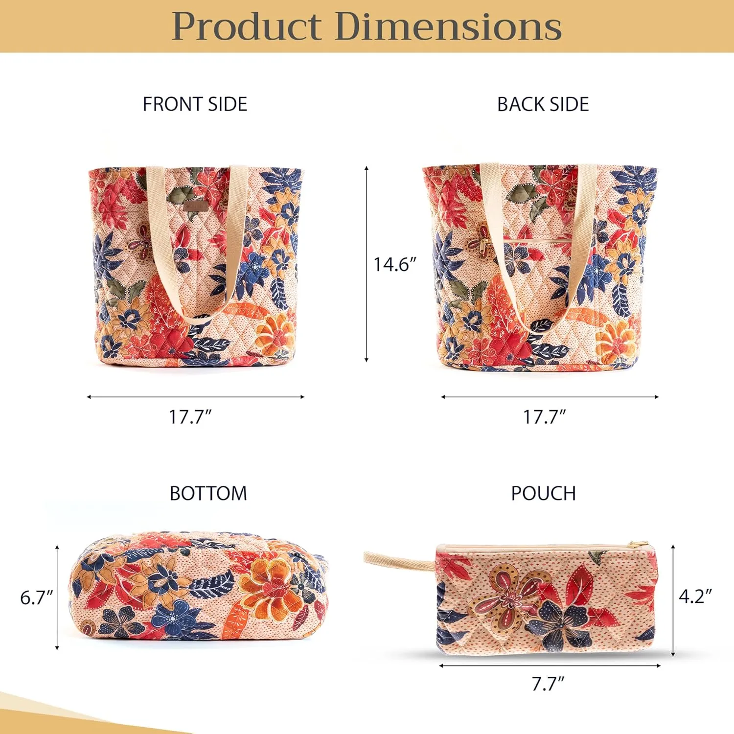Maison d' Hermine Shopping Bags Cotton Quilted Tote Bag with Zipper Pockets Small Pouch Reusable Grocery Bag Work Travel