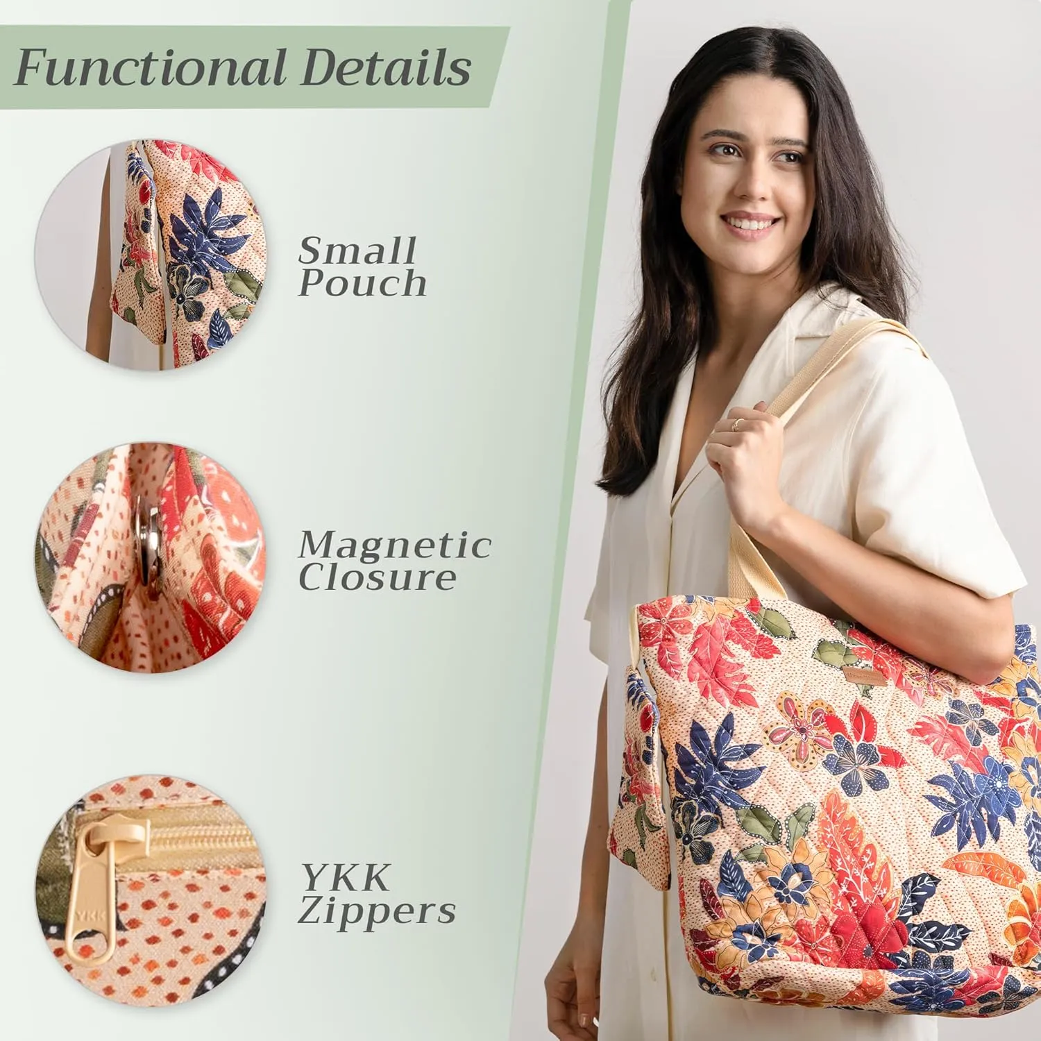 Maison d' Hermine Shopping Bags Cotton Quilted Tote Bag with Zipper Pockets Small Pouch Reusable Grocery Bag Work Travel