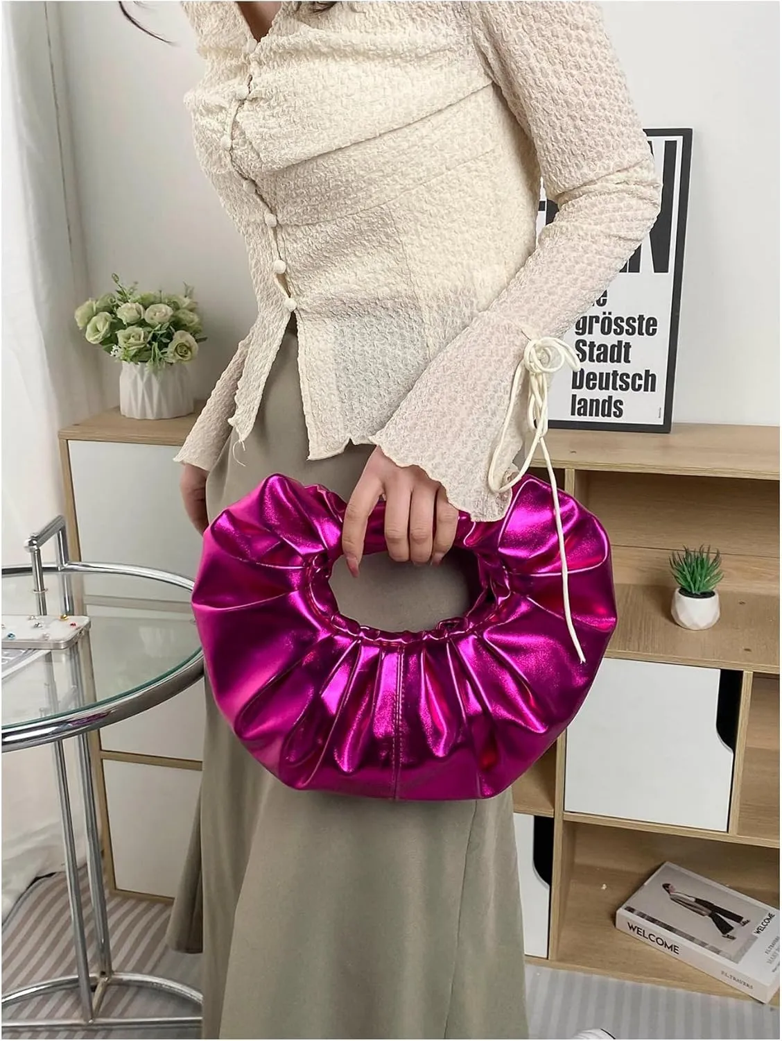 MakeMeChic Women's Clutch Bags Metallic Top Handle PU Leather Handbag Medium Bag Purse