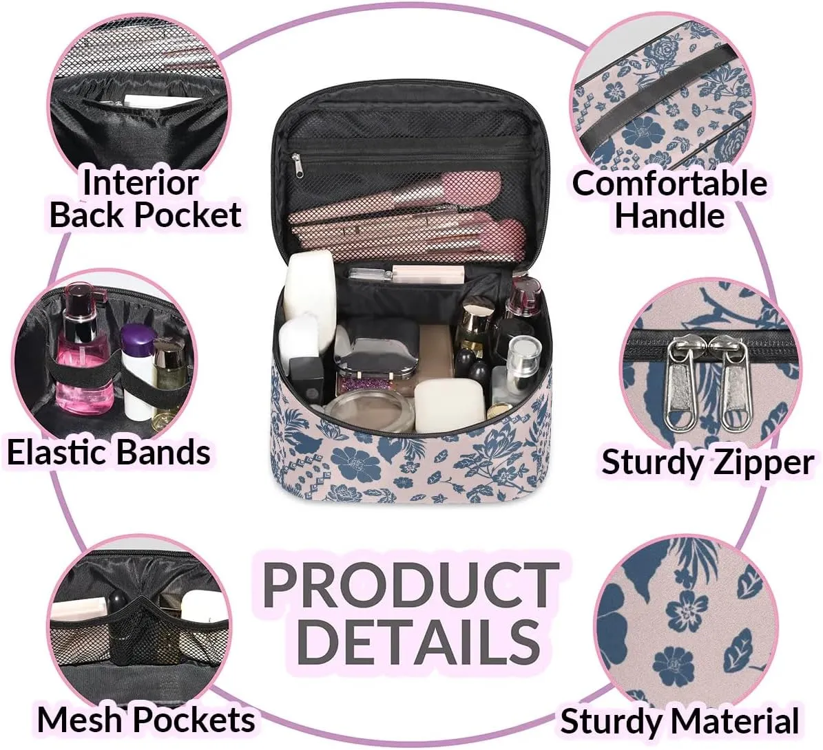 Makeup Travel Bag Organizer Toiletry Bag for Women Portable Cosmetic Storage Case with Handle, Large Capacity Lightweight Toiletries Brush Zipper Bag - Abstract Flowers