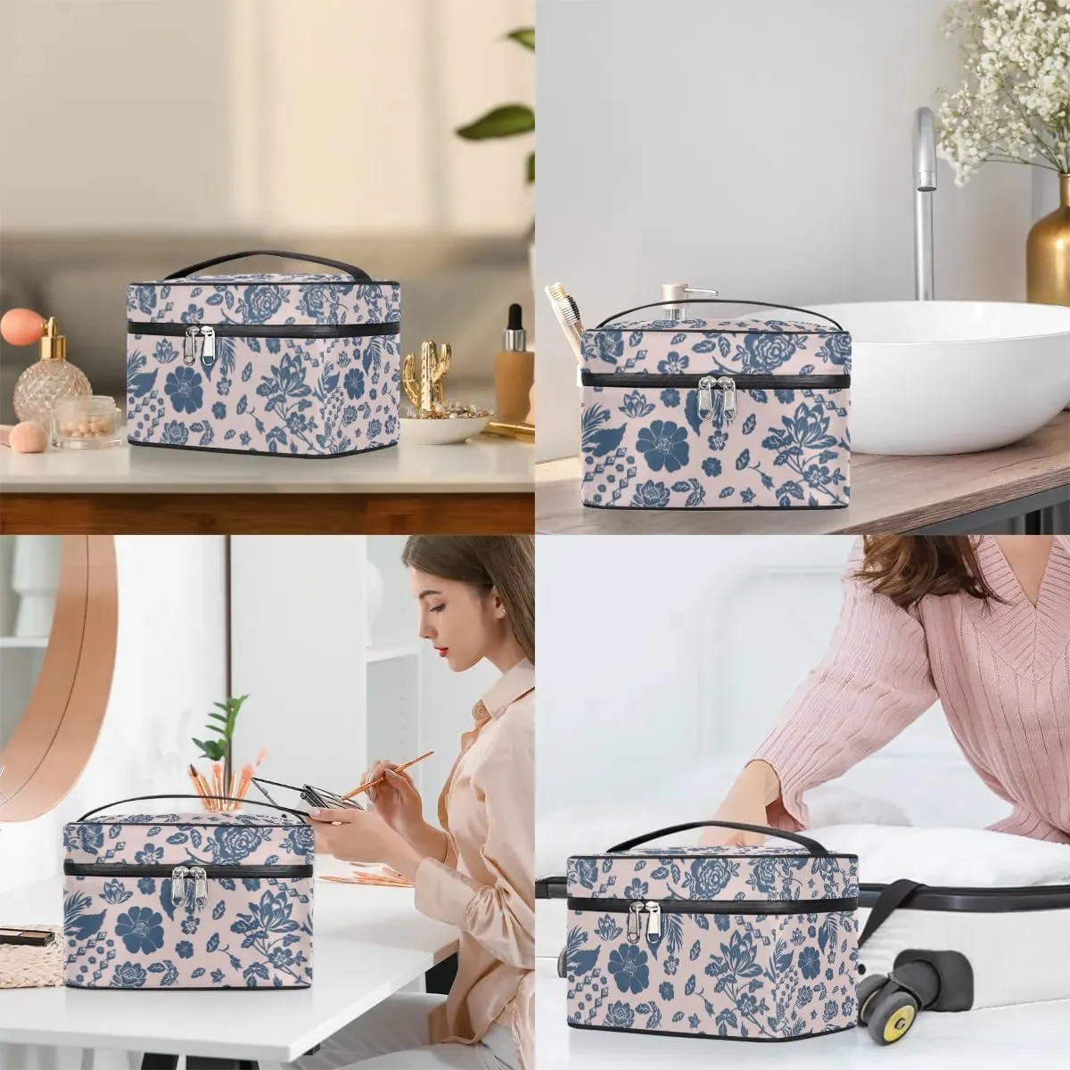 Makeup Travel Bag Organizer Toiletry Bag for Women Portable Cosmetic Storage Case with Handle, Large Capacity Lightweight Toiletries Brush Zipper Bag - Abstract Flowers