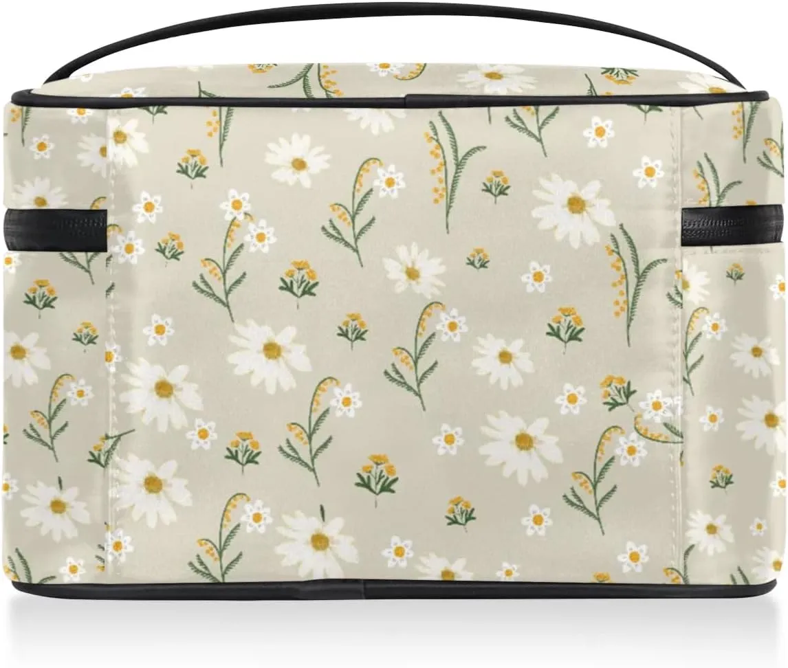Makeup Travel Bag Organizer Toiletry Bag for Women Portable Cosmetic Storage Case with Handle, Large Capacity Lightweight Toiletries Brush Zipper Bag - Daisy