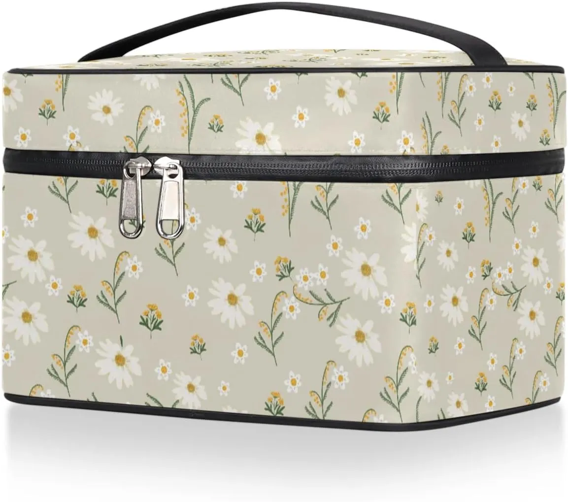 Makeup Travel Bag Organizer Toiletry Bag for Women Portable Cosmetic Storage Case with Handle, Large Capacity Lightweight Toiletries Brush Zipper Bag - Daisy