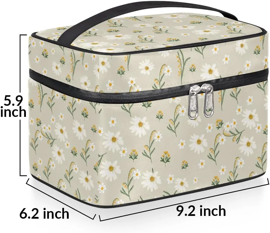 Makeup Travel Bag Organizer Toiletry Bag for Women Portable Cosmetic Storage Case with Handle, Large Capacity Lightweight Toiletries Brush Zipper Bag - Daisy