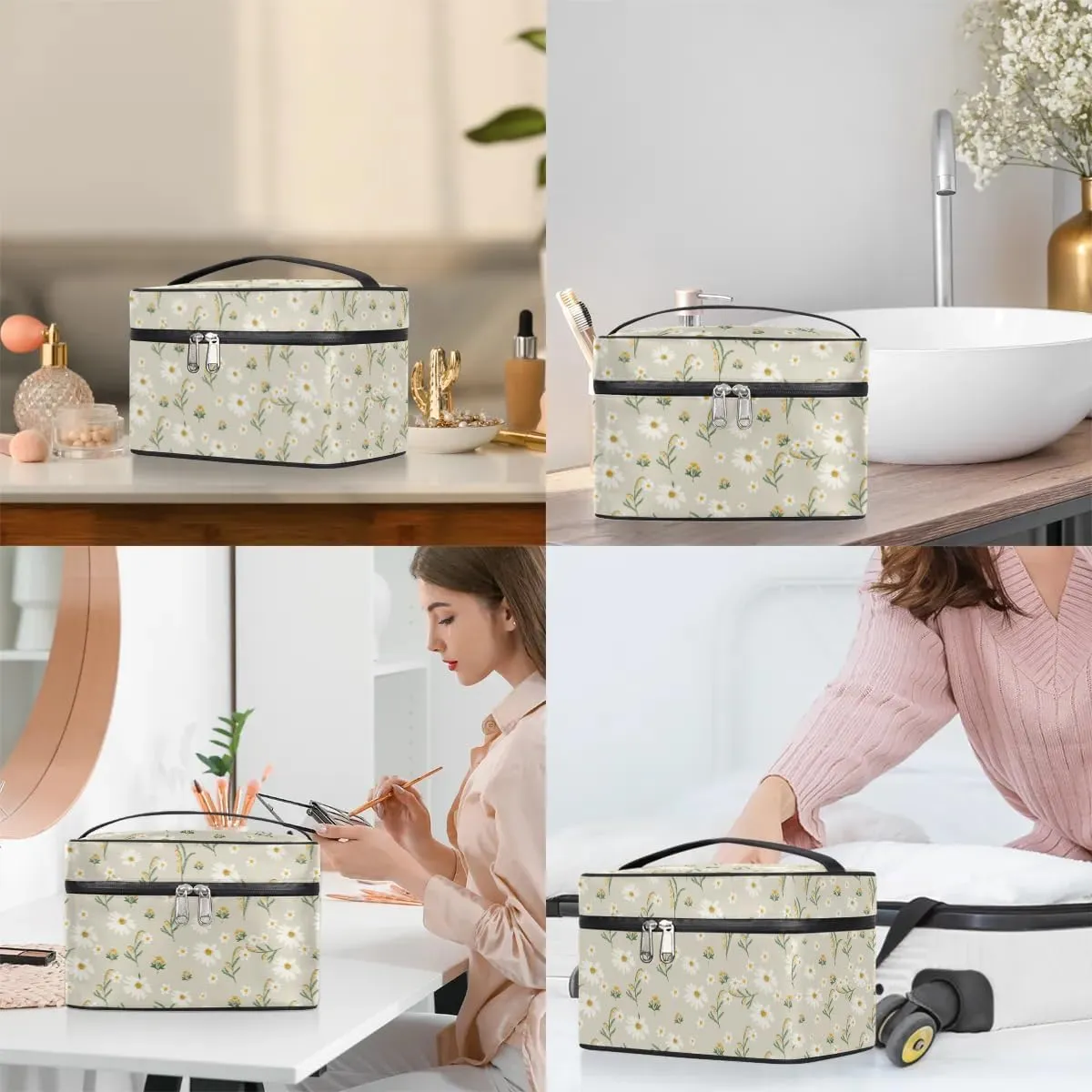 Makeup Travel Bag Organizer Toiletry Bag for Women Portable Cosmetic Storage Case with Handle, Large Capacity Lightweight Toiletries Brush Zipper Bag - Daisy