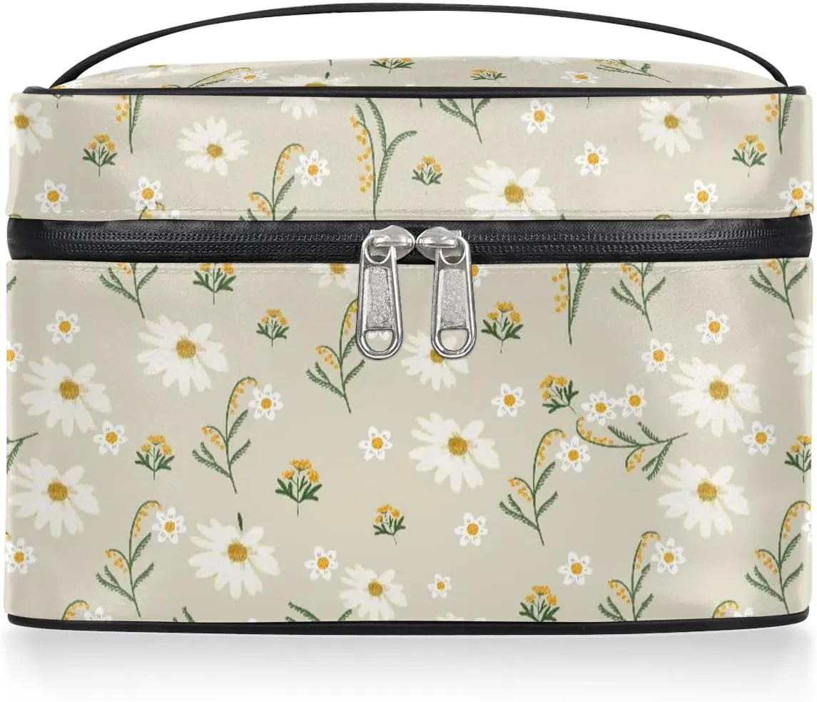 Makeup Travel Bag Organizer Toiletry Bag for Women Portable Cosmetic Storage Case with Handle, Large Capacity Lightweight Toiletries Brush Zipper Bag - Daisy