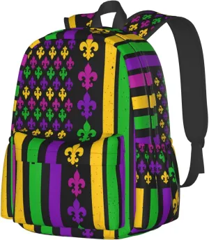 Mardi Gras American Flag Purple Green Yellow Backpack Casual Laptop Backpack Large Capacity Double Shoulder Bag Travel Daypack For Women Men