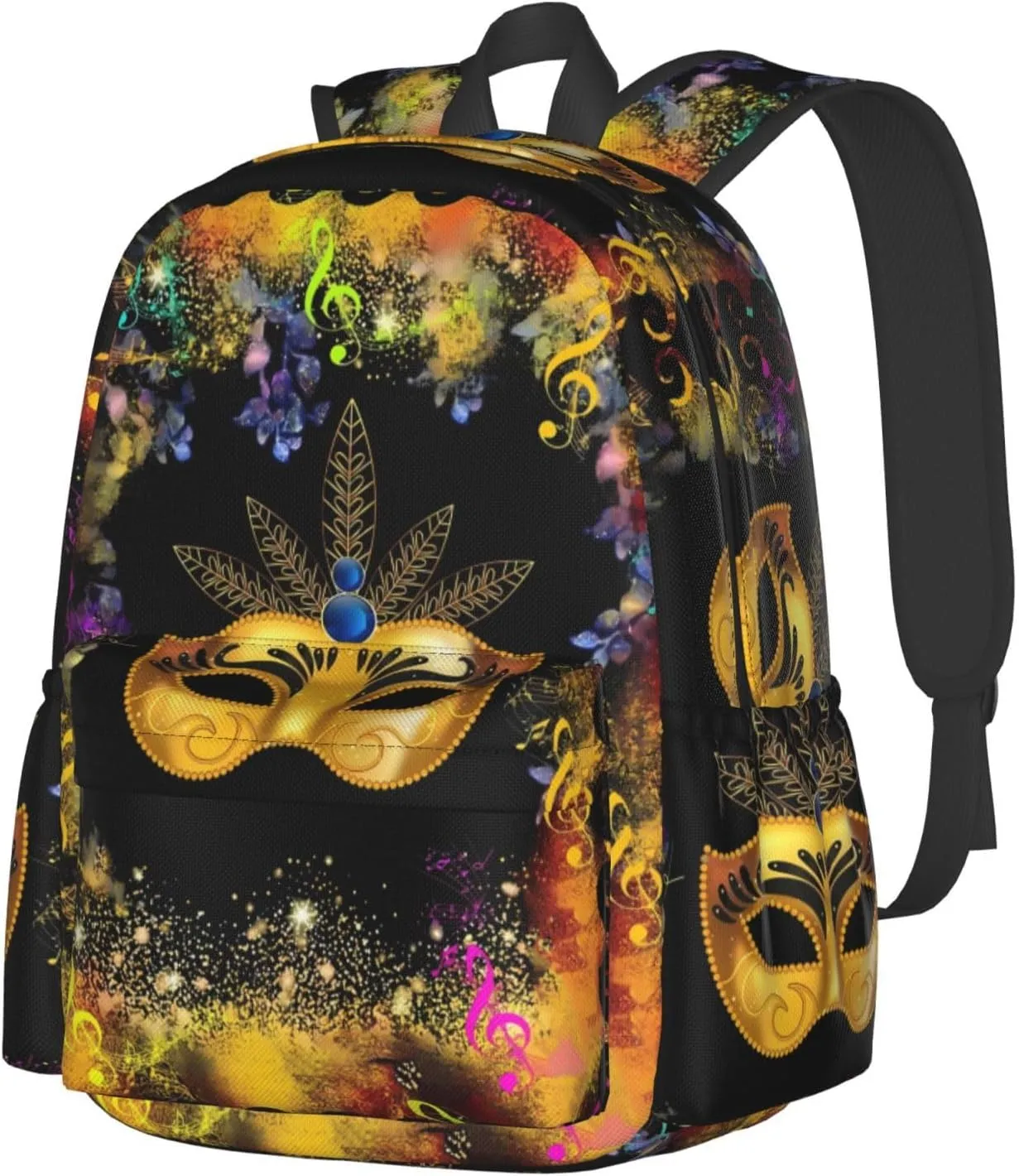 Mardi Gras Musical Note Mask Backpack Casual Laptop Backpack Large Capacity Double Shoulder Bag Travel Daypack For Women Men