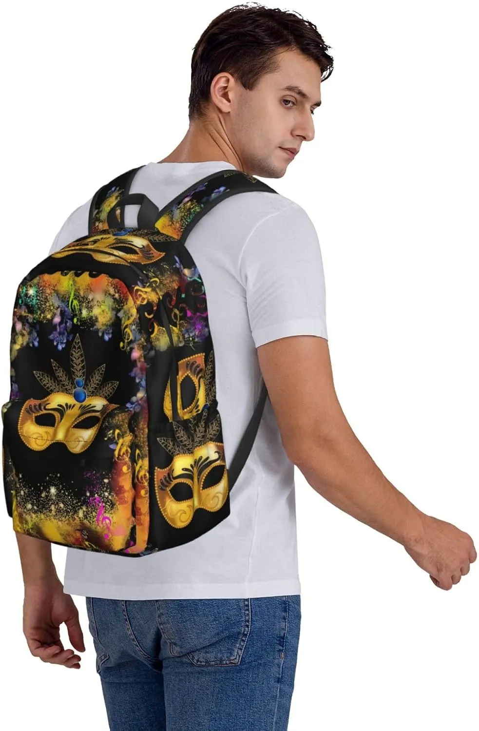 Mardi Gras Musical Note Mask Backpack Casual Laptop Backpack Large Capacity Double Shoulder Bag Travel Daypack For Women Men