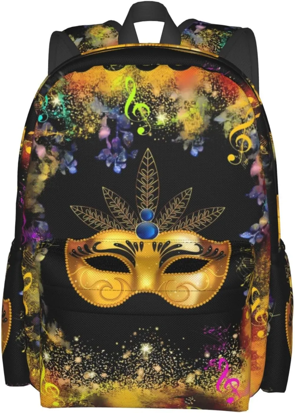Mardi Gras Musical Note Mask Backpack Casual Laptop Backpack Large Capacity Double Shoulder Bag Travel Daypack For Women Men
