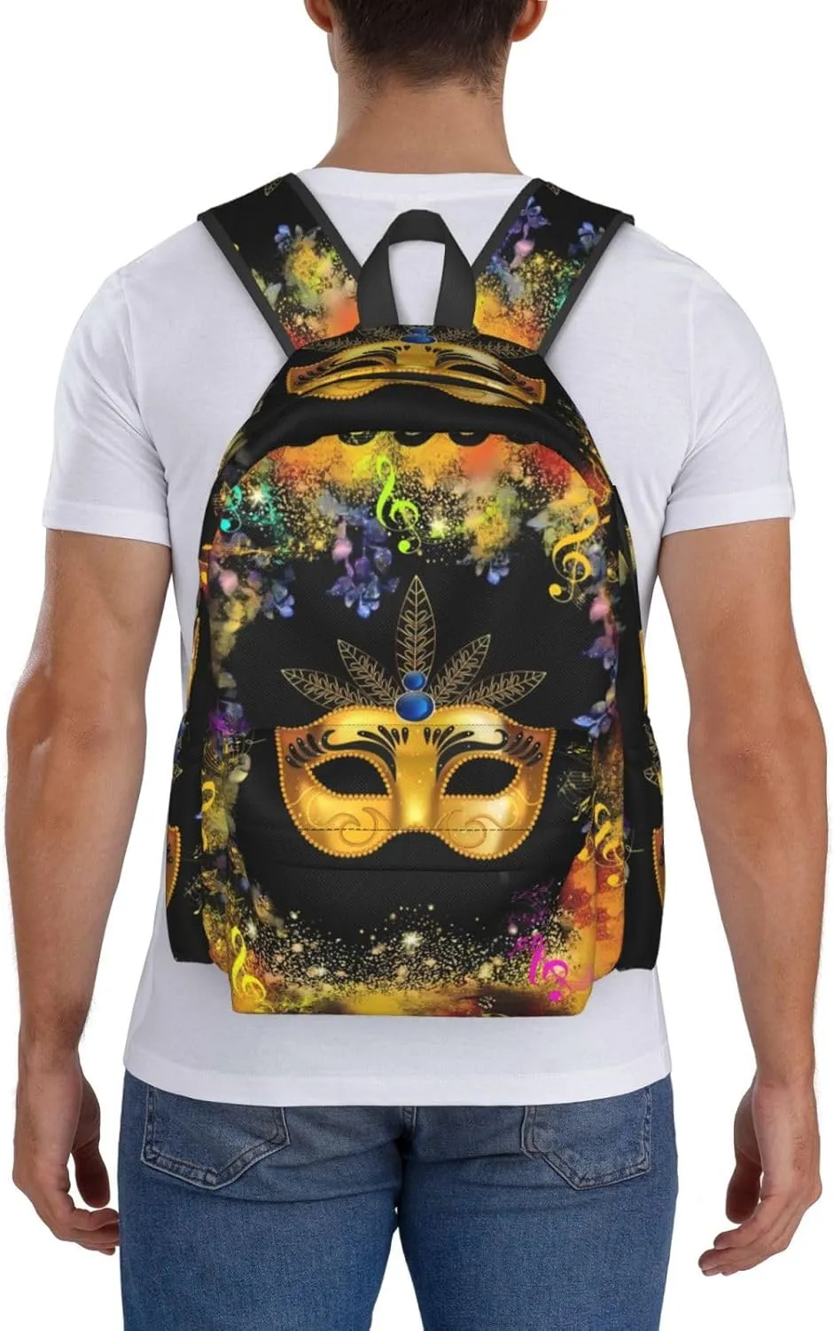 Mardi Gras Musical Note Mask Backpack Casual Laptop Backpack Large Capacity Double Shoulder Bag Travel Daypack For Women Men