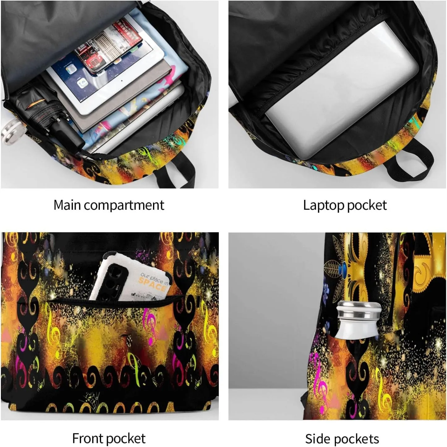 Mardi Gras Musical Note Mask Backpack Casual Laptop Backpack Large Capacity Double Shoulder Bag Travel Daypack For Women Men