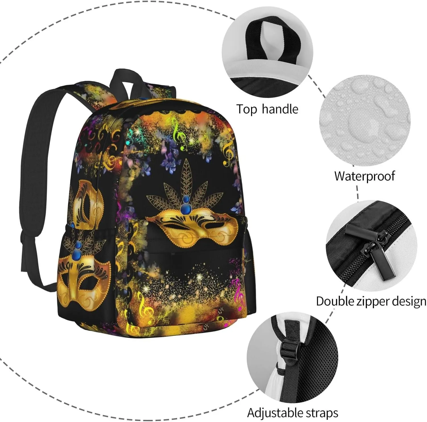 Mardi Gras Musical Note Mask Backpack Casual Laptop Backpack Large Capacity Double Shoulder Bag Travel Daypack For Women Men