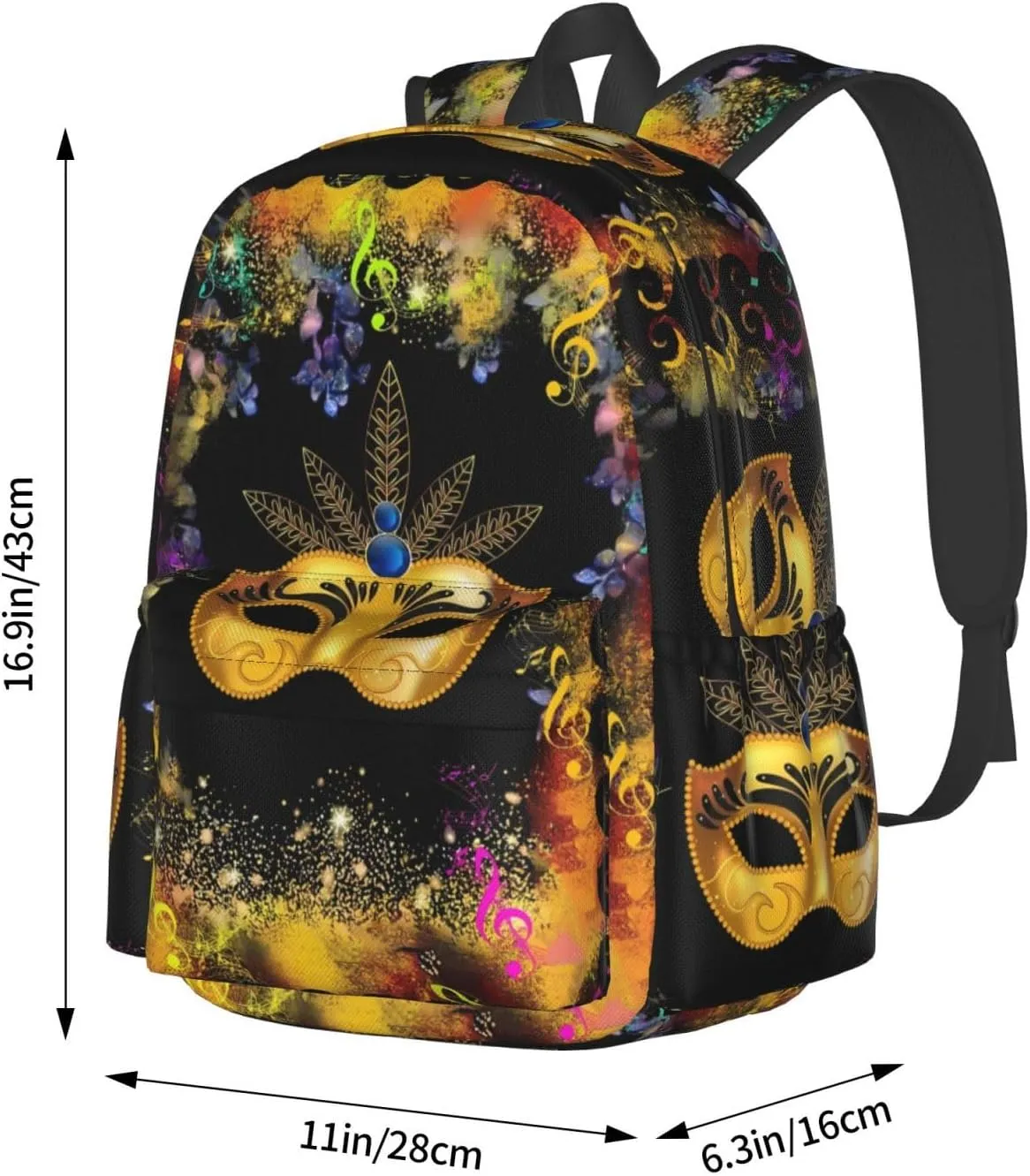 Mardi Gras Musical Note Mask Backpack Casual Laptop Backpack Large Capacity Double Shoulder Bag Travel Daypack For Women Men