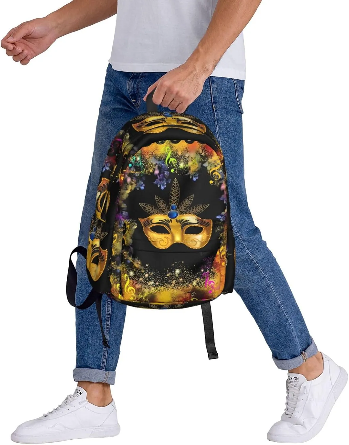 Mardi Gras Musical Note Mask Backpack Casual Laptop Backpack Large Capacity Double Shoulder Bag Travel Daypack For Women Men