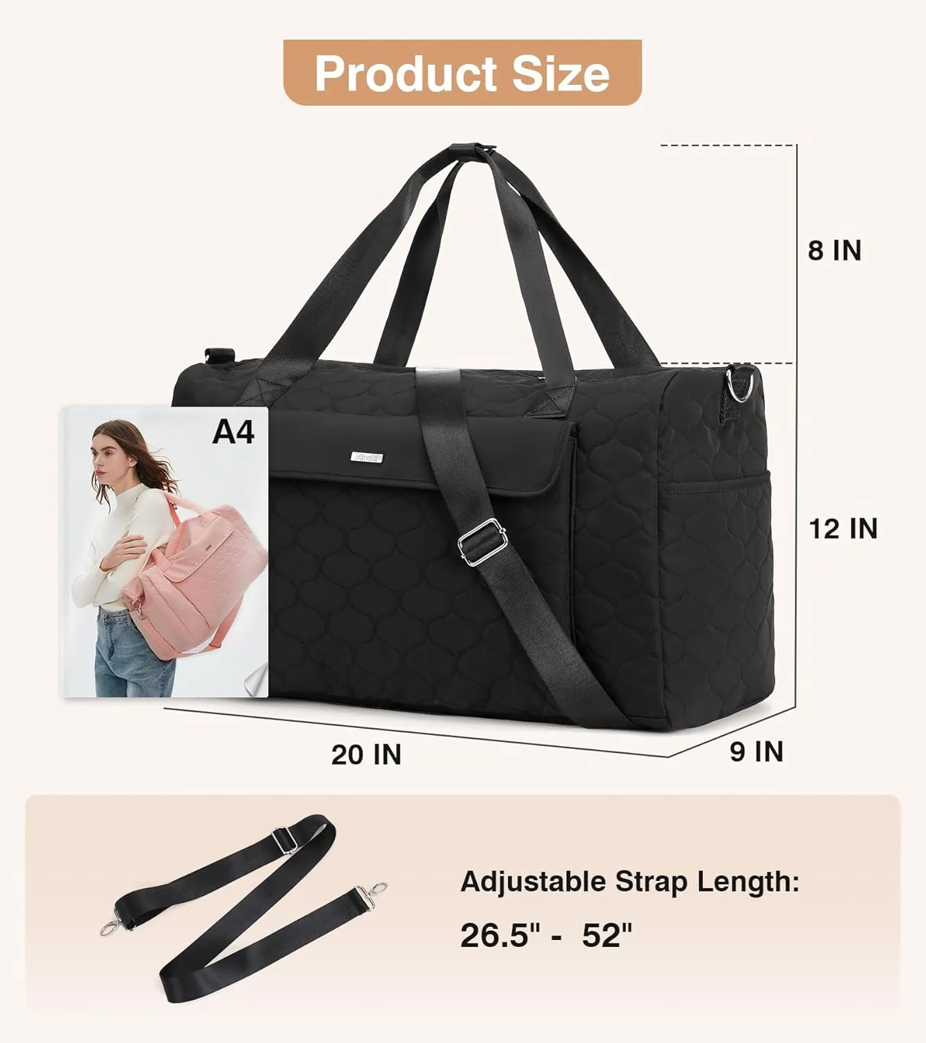Marvolia Travel Duffle Bag Weekender Bags for Women Carry On Overnight Bag for Travel Gym Duffel Bag with Wet Pocket Hospital Bags for Labor and Delivery - Black