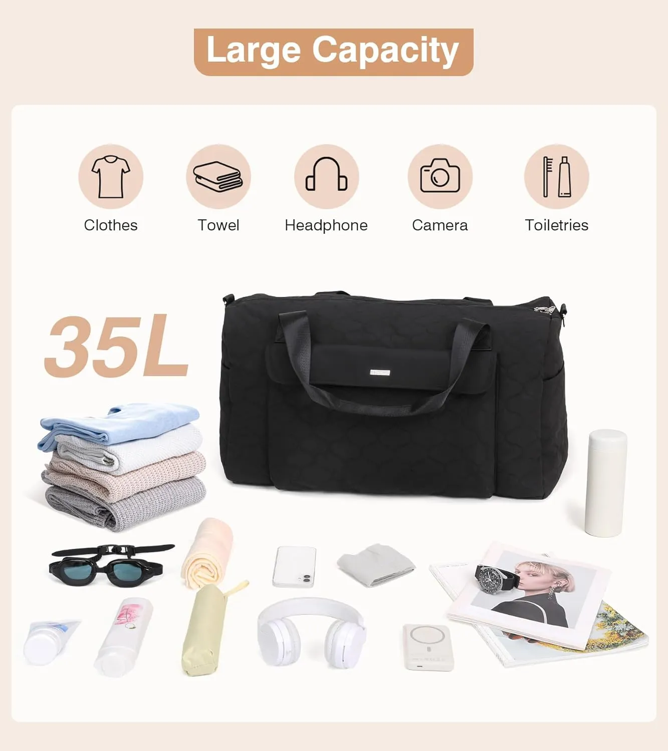 Marvolia Travel Duffle Bag Weekender Bags for Women Carry On Overnight Bag for Travel Gym Duffel Bag with Wet Pocket Hospital Bags for Labor and Delivery - Black