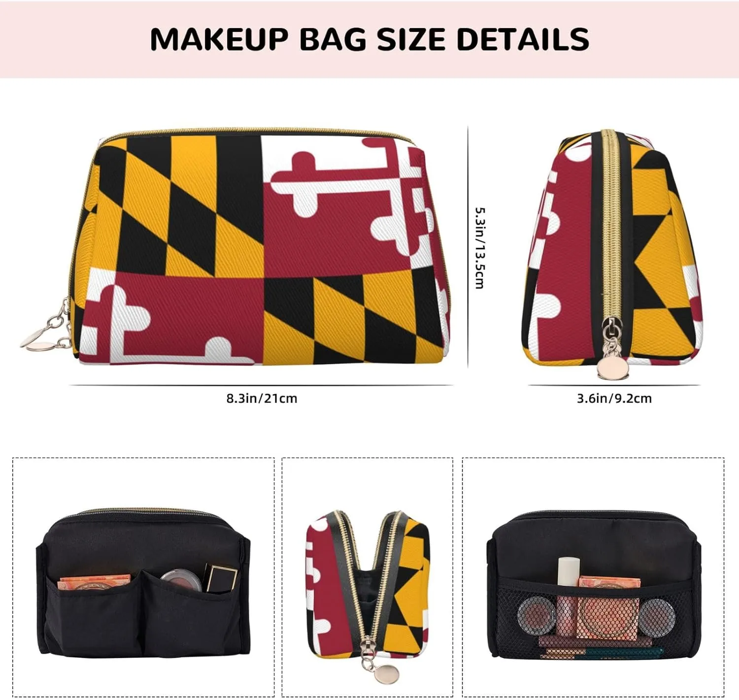 Maryland State Flagmakeup Bag Organizer,Toiletry Cosmetic Bag,Zipper Pouch Brushes Storage Case(Large)