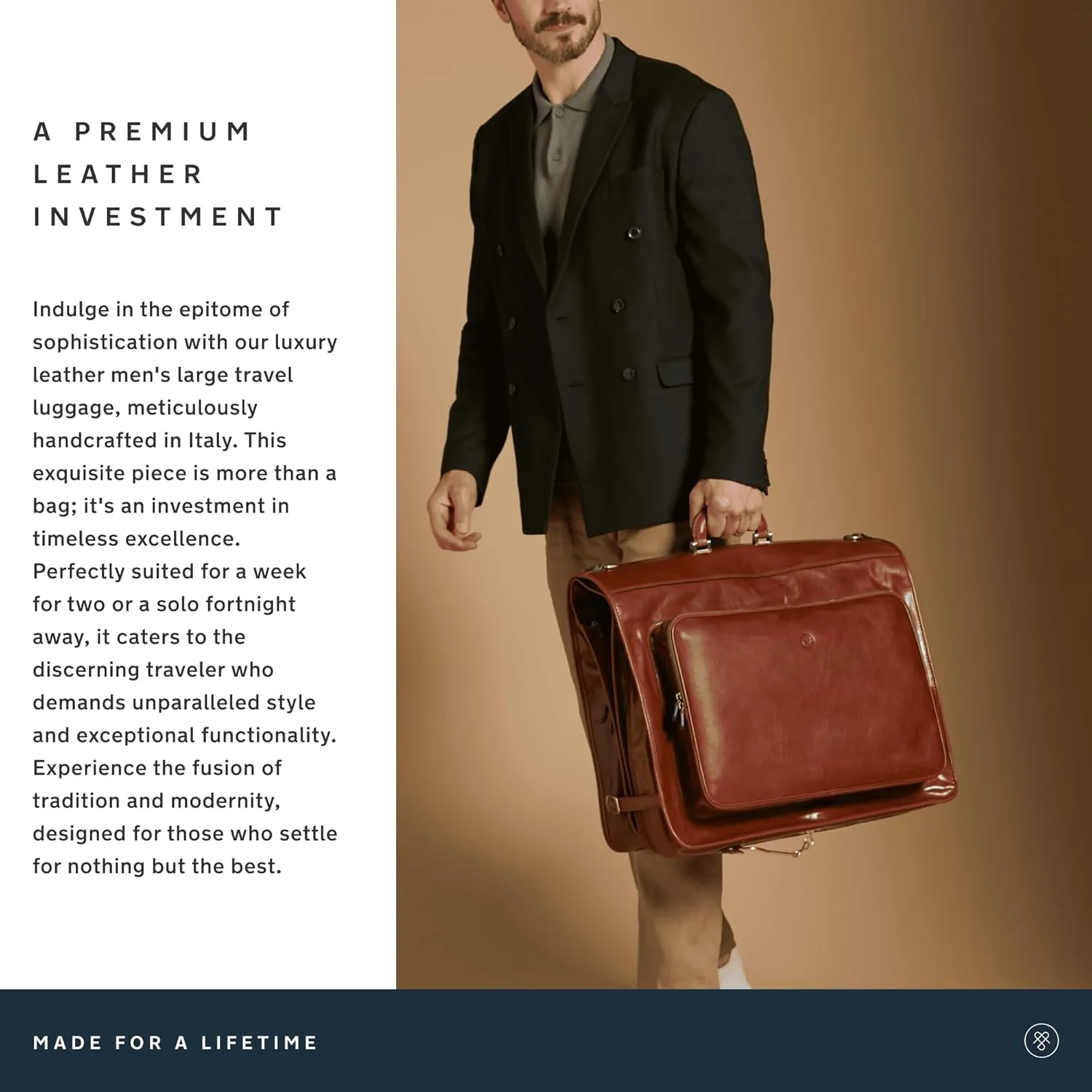 Maxwell Scott - Mens Luxury Leather Jacket Suit Carrier for Luxury Travelling - Made in Italy - The Rovello Chestnut Tan
