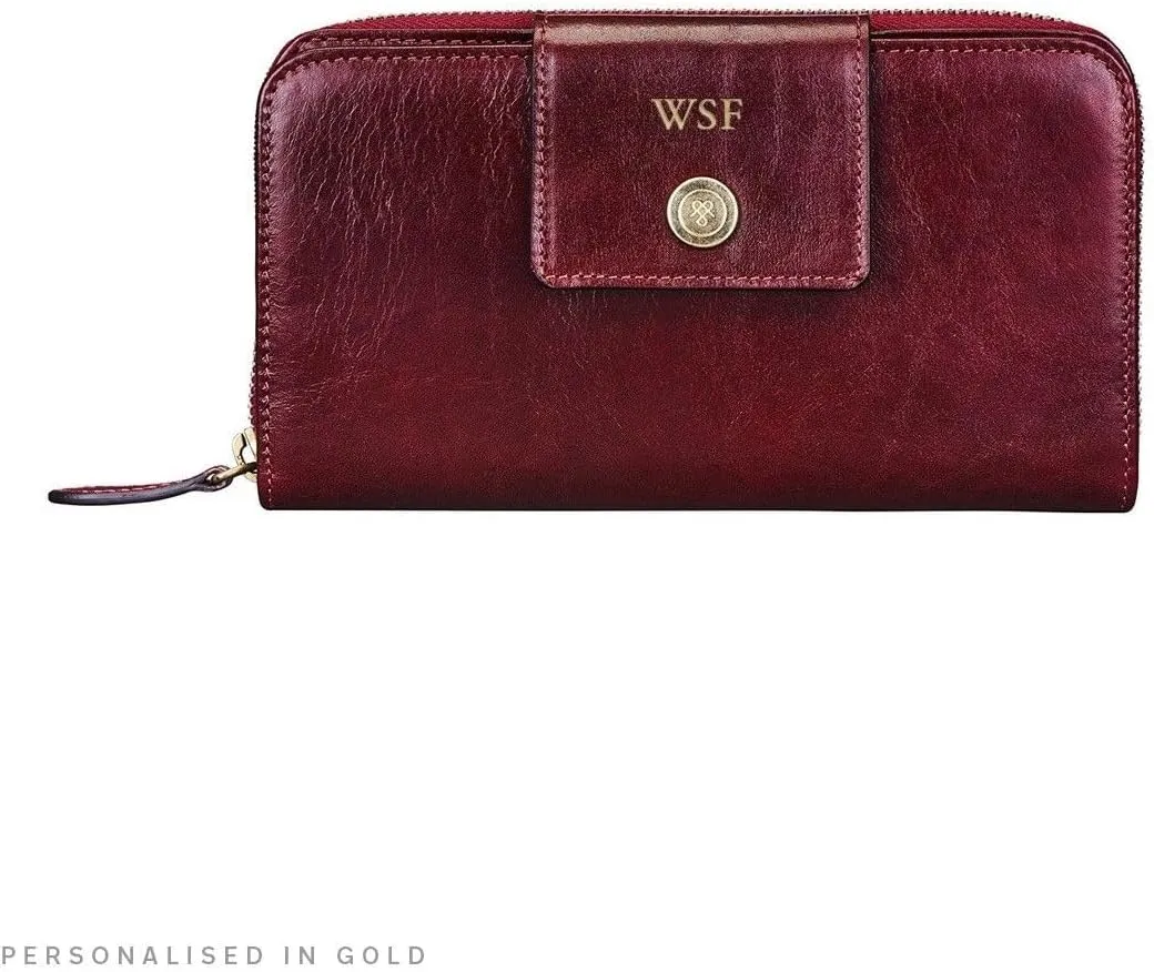 Maxwell Scott - Personalized Womens Luxury Leather Very Large Zip Around Purse Wallet - The Giorgia - Burgundy Red