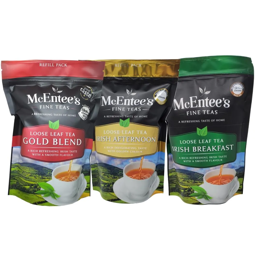 McEntee's Tea Three Pack of Traditional Irish Blends (Pack of 3) – Breakfast, Afternoon and Gold Blend 250g Refill Bags - Expertly Blended in Ireland. Kenyan, Ceylon and Assam Tea's