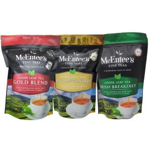 McEntee's Tea Three Pack of Traditional Irish Blends (Pack of 3) – Breakfast, Afternoon and Gold Blend 250g Refill Bags - Expertly Blended in Ireland. Kenyan, Ceylon and Assam Tea's